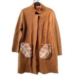 Mosiqina Brown Mandarin Collar Long Sleeve Coat with Leaf Pattern Pockets Large